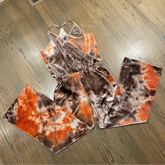 Young Fabulous & Broke Tie Dye Orange Velvet Jumpsuit - Picture 4 of 9